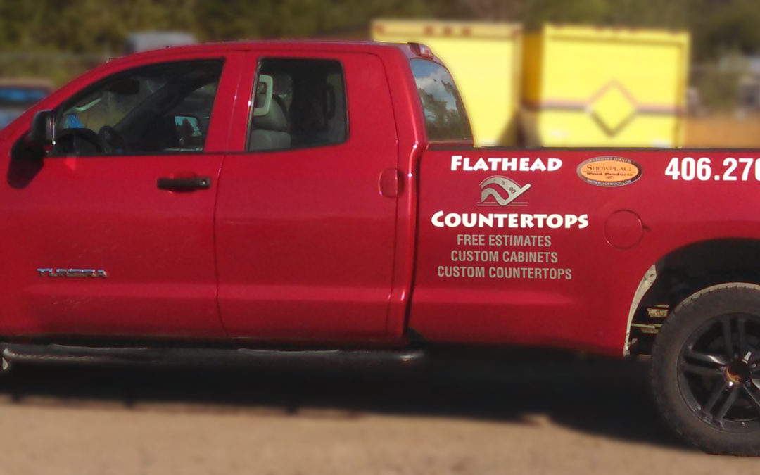 4 West Cabinetry & Flathead Countertops Vehicle Lettering.
